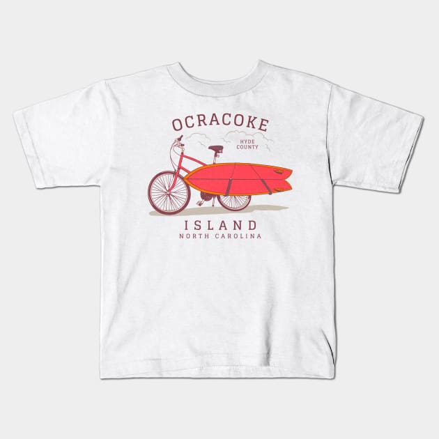 Ocracoke Island, NC Summer Vacation Bike and Surfboard Kids T-Shirt by Contentarama